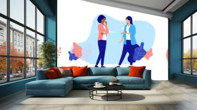 Women talking vector collection - Set of illustration with female characters having conversation and discussion together standing up. Flat design with white background Wall mural