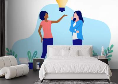 Women with idea - Illustration of two businesswomen coming up with great ideas at work holding big light bulb. Brainstorming concept, flat design vector with white background Wall mural