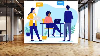 Work communication - People in office talking and having conversation about business. Flat design vector illustration with white background Wall mural