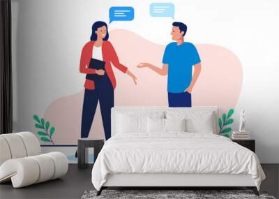 Work conversation - Two people , men and woman standing talking and having dialogue with speech bubbles above head. Flat design vector illustration with white background Wall mural