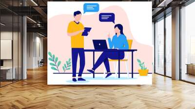 Work talk - Man and woman in office talking and having conversation together about work using devices and laptop with speech bubble. Flat design vector illustration with white background Wall mural