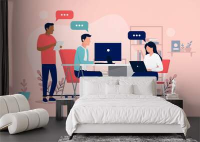 Working and talking in office - Team of people doing work while having conversation and dialogue at workplace. Flat design vector illustration Wall mural