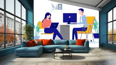 Working in office - Man and woman sitting with computers at desk doing work. Flat design vector illustration with white background Wall mural