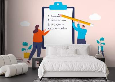 Writing business list - Two people with pencil and clipboard making business notes and points for process and strategy. Flat design cartoon style vector illustration Wall mural