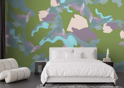 Forest camouflage of various shades of green, blue and violet colors Wall mural