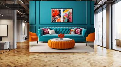 Chic white curved tufted sofa and pouf against teal classic wall panels with vibrant colorful art poster. Art deco style home interior design of modern living room Wall mural