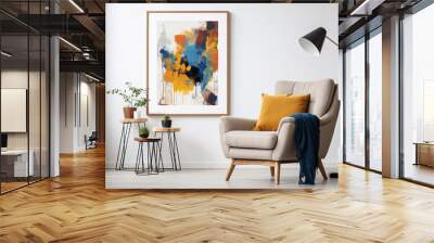 Living room interior with armchair, coffee table, lamp and a painting on the wall. 3d render Wall mural