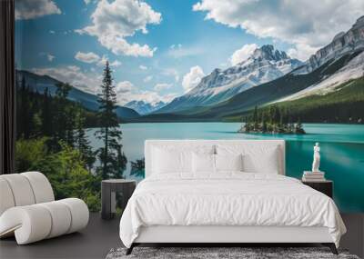 Serene turquoise lake surrounded by mountains and lush greenery under a vibrant sky in the Canadian wilderness Wall mural