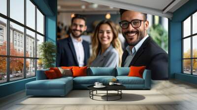 Two men and a woman standing together, smiling happily at the camera Wall mural