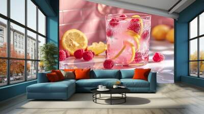 Close-up of sparkling raspberry and lemon drink with mint Wall mural