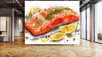 Watercolor illustration of a fresh salmon fillet garnished with dill and lemon Wall mural