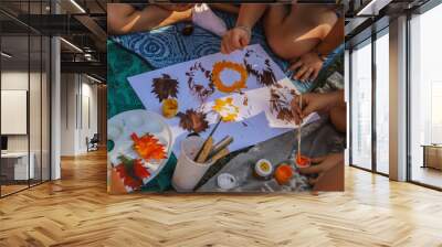 Children's art and craft of leaves made from paper and paints Wall mural