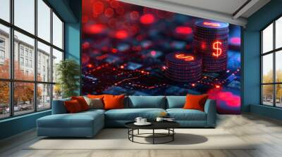 A close-up view of digital currency coins on a circuit board, illuminated by vibrant red and blue lights, symbolizing financial technology. Wall mural