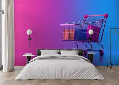 A colorful shopping cart set against a vibrant background, symbolizing modern retail and consumerism. Wall mural