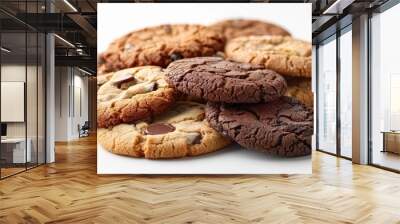 A delicious assortment of cookies, including chocolate chip, oatmeal, and double chocolate, perfect for dessert lovers. Wall mural