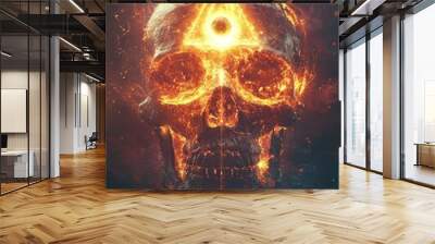 A fiery skull emitting an otherworldly glow with a mystical symbol at its center. Wall mural