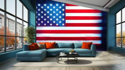 A glowing American flag with red, white, and blue stripes against a black background. The flag is illuminated with a radial light effect. Wall mural