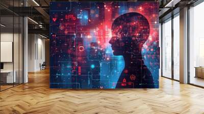 A human silhouette with a digital overlay of vibrant red and blue technologies, symbolizing innovation and artificial intelligence. Wall mural