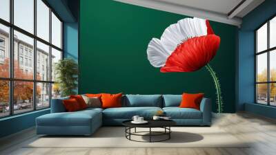 A vibrant red and white poppy flower against a dark green background. Wall mural