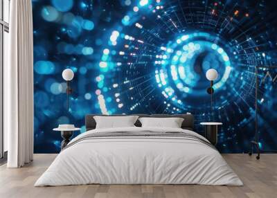 Abstract digital background featuring glowing blue particles and light rays, ideal for technology and science concepts. Wall mural