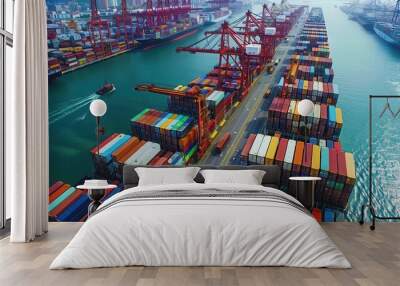 Busy container port with cranes loading ships, Wall mural