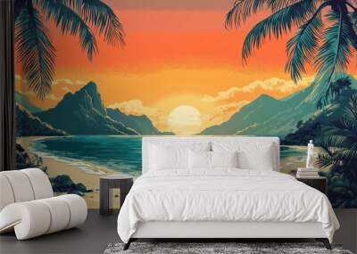 Craft a colorful, retro-style travel poster for a tropical paradise destination Wall mural