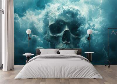 Eerie skull emerging from dark stormy clouds, creating a haunting and mystical atmosphere. Wall mural