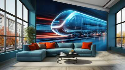 Futuristic high-speed train traveling through a tunnel with bright lights. Wall mural