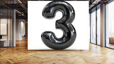 Shiny black 3D number three isolated on white background Wall mural