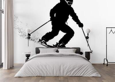 Silhouette of a skier going downhill on a snowy slope. Wall mural