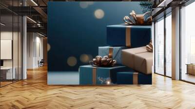 Stack of wrapped gifts under a Christmas tree with blue and gold accents. Wall mural