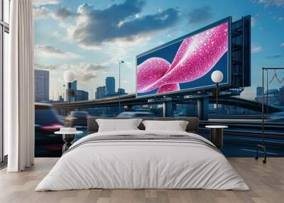 Vibrant digital billboard featuring abstract pink design on a bustling city road. Wall mural