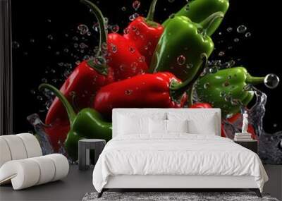 Vibrant green and red peppers splash in water, showcasing freshness and vivid colors against a black background. Wall mural