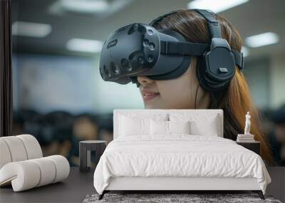 Young woman enjoying virtual reality experience in a modern classroom setting, showcasing technology and engagement. Wall mural