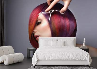 Beautiful woman with multi-colored hair and creative make up and hairstyle. Beauty face. Wall mural