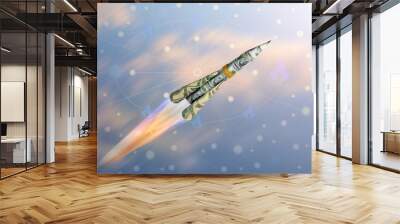 Concept of raising the dollar high in the sky in the form of a rocket. Wall mural