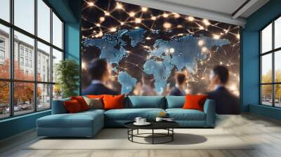 International business partnership. Business people standing silhouette on world map background, Global business concept. Global business concept, generative ai. Wall mural