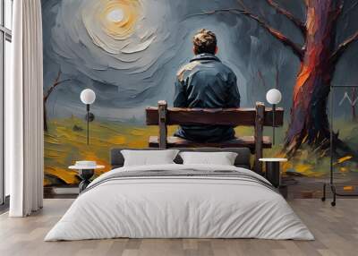 Silhouette of depressed man. Silhouette depressed man behaving sadly. Sad man suffering depression insomnia awake and sit alone on the bed in bedroom. AI generated image, ai.. Wall mural