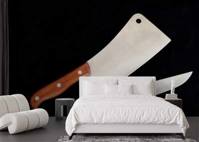 big meat and food knives on black floor,sharp turkish knives with wooden handle on black ground,


 Wall mural