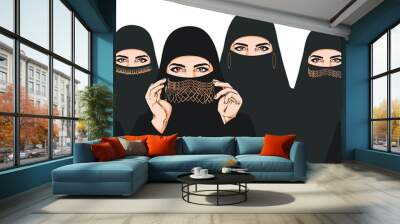 Group of women, beautiful muslim women in black niqab - vector illustration, arabian Woman Face Covered with Hijab, Muslim traditional clothing, black burqa Wall mural