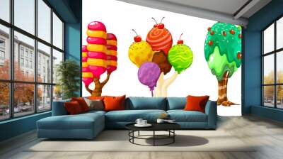 Set of three trees stylized as dessert, ice cream and caramel, can be used for design of computer games, posters and advertising, trees isolated on white background Wall mural