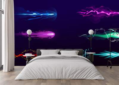 Vector cartoon illustration set of blasters laser or plasmic beams, cosmic shoots, objects for the game sooting, cartoon illustration set, color smoke  Wall mural