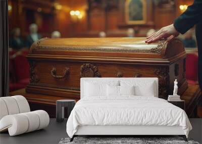 Hand Touching an Ornate Wooden Coffin in a Traditional Church Setting, Representing a Final Farewell and Respectful Tribute in a Solemn Funeral Ceremony Wall mural