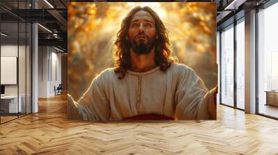 Man Portrayed as Jesus with Radiating Light, Hands Raised in Prayer Wall mural