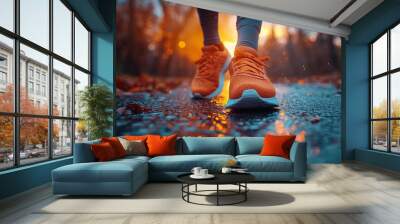 Runner's orange sneakers on wet pavement at sunset, fitness and outdoor activity concept Wall mural