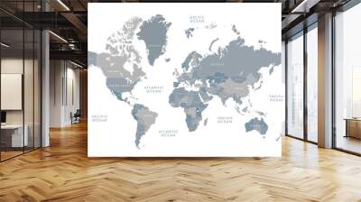 Highly detailed world map with labeling. Grayscale vector illustration. Wall mural