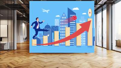 Achieving the goal, a business man kicks the ball and hits the target. Vector concept illustration of increasing efficiency for business profit growth. Wall mural