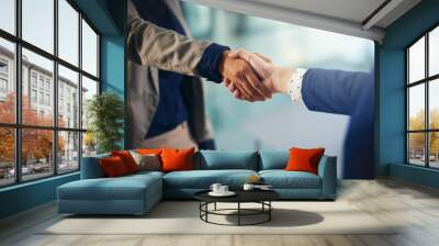 Hiring, closeup or business people shaking hands in b2b meeting for project or contract agreement. Teamwork, handshake zoom or worker with job promotion, deal negotiation or partnership opportunity Wall mural