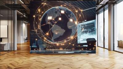 A futuristic concept showing a globe with digital marketing networks and business development strategies, with a hightech office environment Wall mural