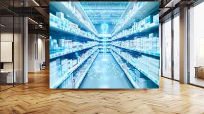 A futuristic pharmacy setting featuring AI driven automated medication dispensers and digital health advisors, showcasing a sleek and modern illustration of technology enhanced healthcare services. Wall mural